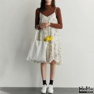 洋裝 雪紡碎花吊帶中長版連身裙 白色-mini嚴選
